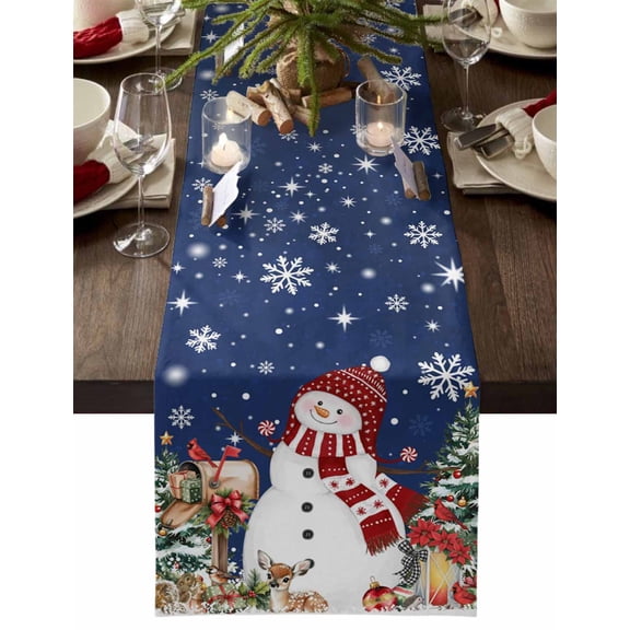 Table Runner Dresser Scarves 60 Inch Long,Xmas Snowman Berry Bird Navy Blue Linen Dining Table Runners