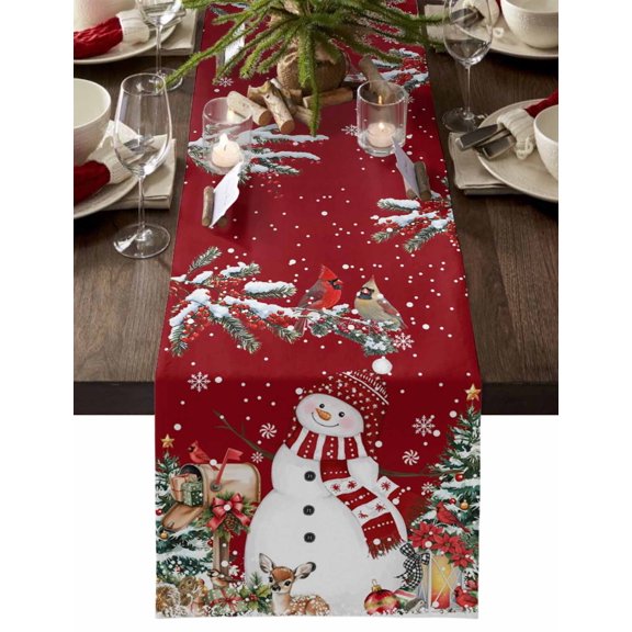Table Runner Dresser Scarves 60 Inch Long,Xmas Snowman Berry Bird on Red Linen Dining Table Runners