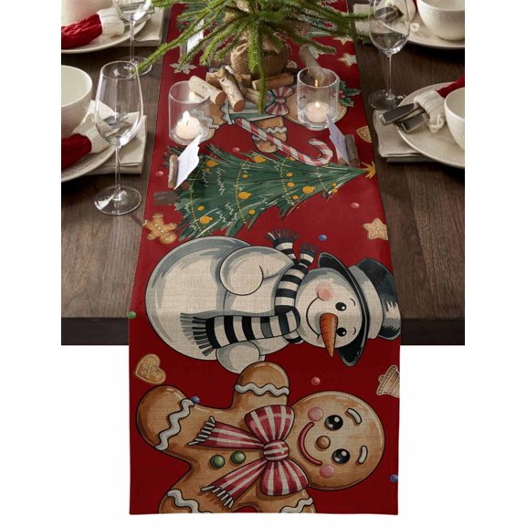 Table Runner Dresser Scarves 60 Inch Long,Xmas Snowman Gingerbread Man Linen Dining Table Runners