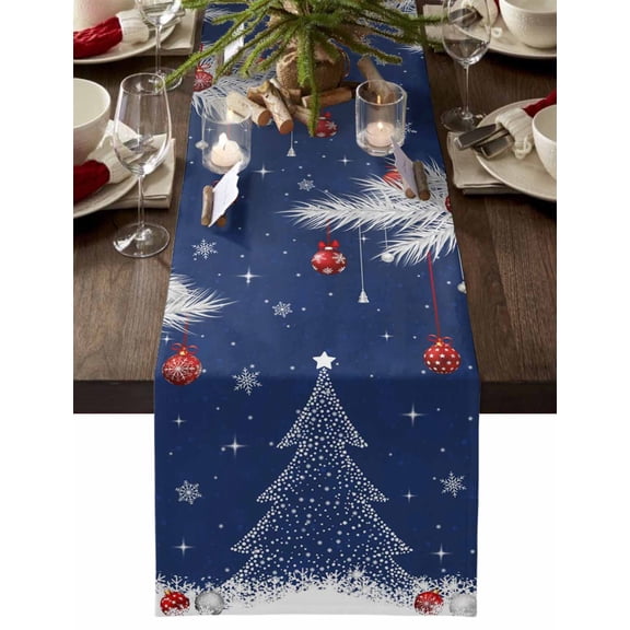 Table Runner Dresser Scarves 60 Inch Long,Xmas Tree Ball Fir Leaves Navy Blue Linen Dining Table Runners