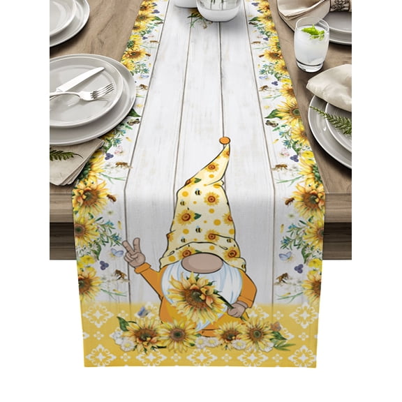 Table Runner Dresser Scarves 60 Inch Long, Yellow Sunflowers Dwarf Linen Dining Table Runners Vintage Wooden Board Tabletop Scarf for Wedding Holiday Party Kitchen
