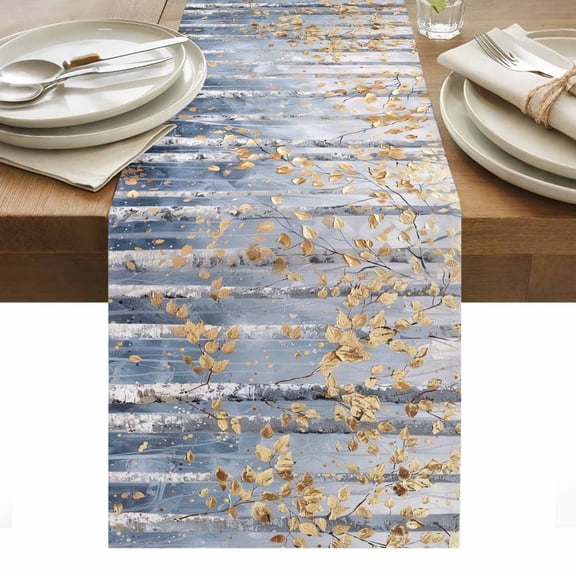 Table Runner Dresser Scarves 70 Inch Long,Abstract Forest Birch Tree Gold Leaves Linen Dining Table Runners