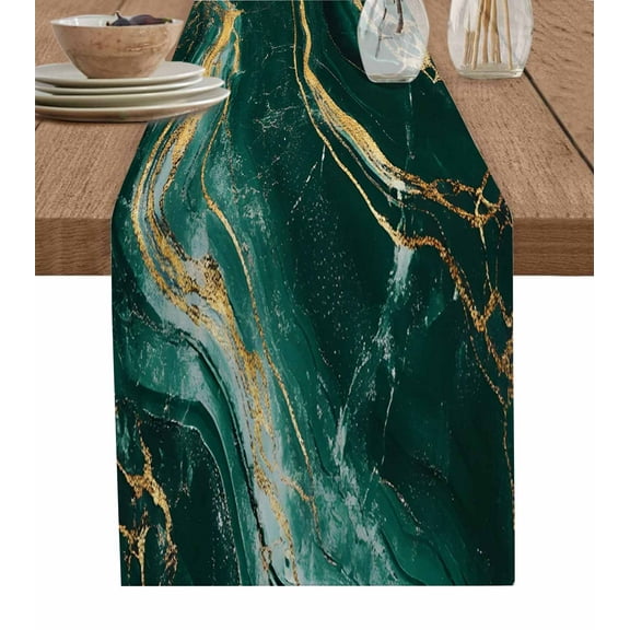 Table Runner Dresser Scarves 70 Inch Long,Abstract Marble Stone Texture Linen Dining Table Runners Green Gold Striped Tabletop Scarf for Wedding Holiday Party Kitchen