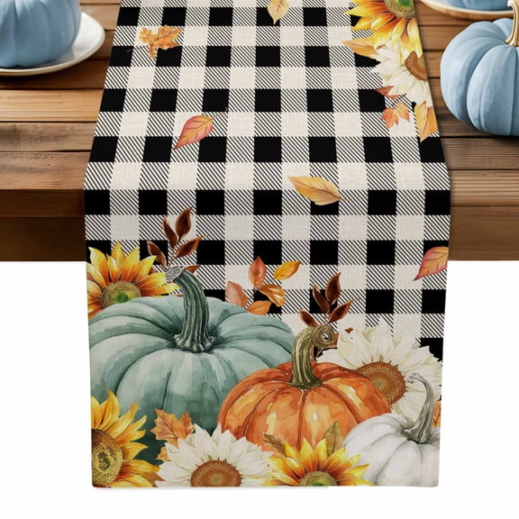 Table Runner Dresser Scarves 70 Inch Long,Autumn Thanksgiving Pumpkin on Black Check Linen Dining Table Runners Fall Sunflower Tabletop Scarf for Wedding Holiday Party Kitchen