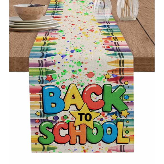 Table Runner Dresser Scarves 70 Inch Long,Back to School Season Linen Dining Table Runners Star Colorful Crayon on Burlap Tabletop Scarf for Wedding Holiday Party Kitchen