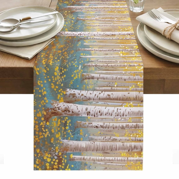Table Runner Dresser Scarves 70 Inch Long,Birch Tree Retro Oil Painting Art Linen Dining Table Runners