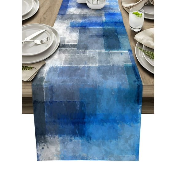 Table Runner Dresser Scarves 70 Inch Long, Blue Grey White Gradient Blocks Linen Dining Table Runners Abstract Graffiti Painting Tabletop Scarf for Wedding Holiday Party Kitchen