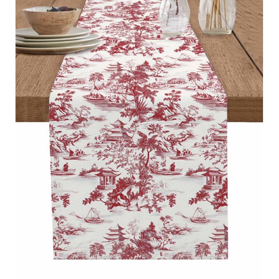 Table Runner Dresser Scarves 70 Inch Long,Chinoiserie Garden Asian Scenic Linen Dining Table Runners Pavilion Hill Boat Tree Red Tabletop Scarf for Wedding Holiday Party Kitchen