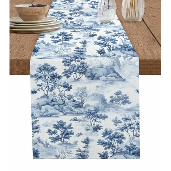Table Runner Dresser Scarves 70 Inch Long,Chinoiserie Garden Plant Hill Scene Linen Dining Table Runners Asian Scenic Blue White Tabletop Scarf for Wedding Holiday Party Kitchen