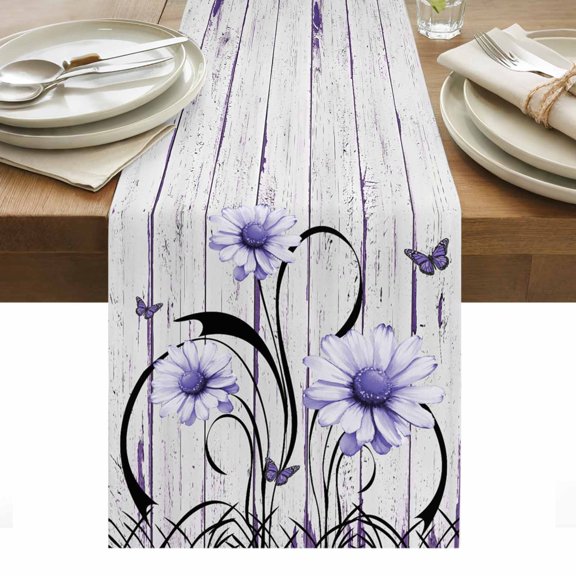 Table Runner Dresser Scarves 70 Inch Long,Country Gradient Purple Daisy Linen Dining Table Runners