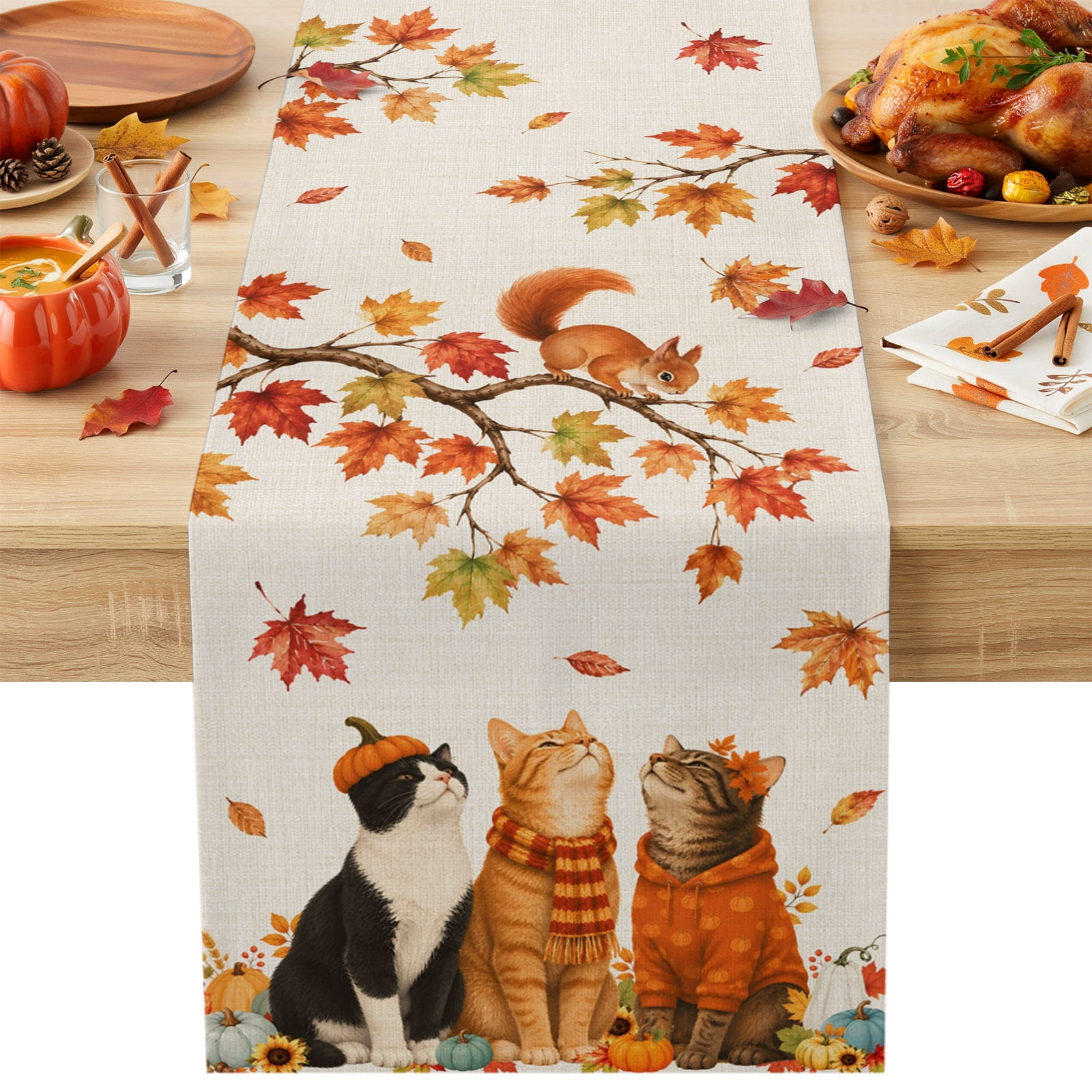 Table Runner Dresser Scarves 70 Inch Long,Fall Orange Maple Leaves Cat ...