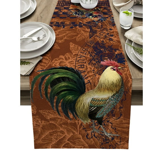 Table Runner Dresser Scarves 70 Inch Long, Farm Animal Cock Rooster on Brown Linen Dining Table Runners Vintage Abstract Floral Texture Tabletop Scarf for Wedding Holiday Party Kitchen