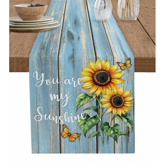 Table Runner Dresser Scarves 70 Inch Long,Farm Sunflower Sunshine Quote Linen Dining Table Runners Butterfly on Retro Blue Wood Tabletop Scarf for Wedding Holiday Party Kitchen