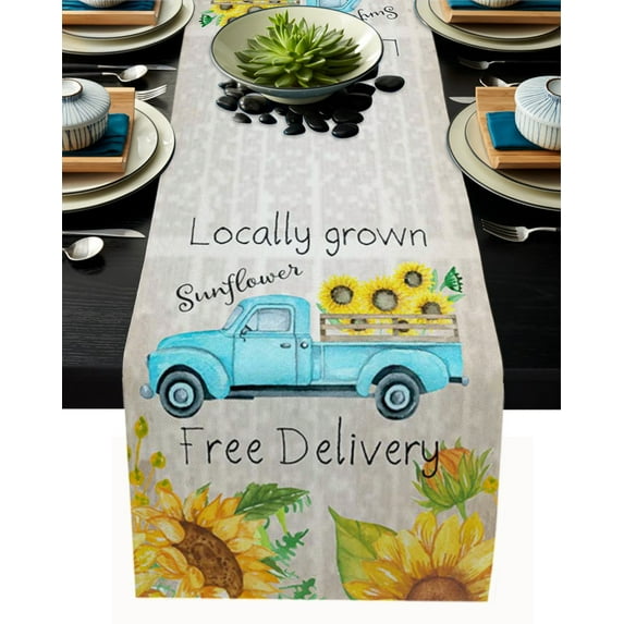 Table Runner Dresser Scarves 70 Inch Long, Farm Teal Truck Sunflower on Newspaper Linen Dining Table Runners Watercolor Floral Tabletop Scarf for Wedding Holiday Party Kitchen