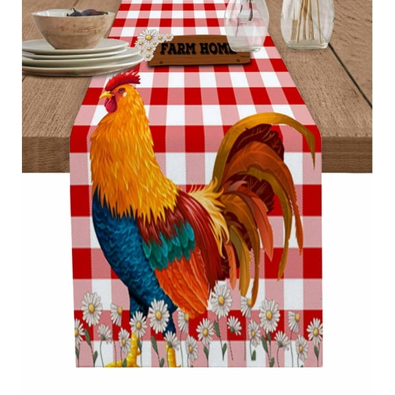 Table Runner Dresser Scarves 70 Inch Long, Farmhouse Rooster Daisy Buffalo Check Plaid Linen Dining Table Runners Red White Tabletop Scarf for Wedding Holiday Party Kitchen