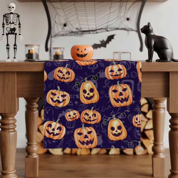 Table Runner Dresser Scarves 70 Inch Long,Funny Orange Pumpkin Ghost Face Linen Dining Table Runners Purple Happy Halloween Tabletop Scarf for Wedding Holiday Party Kitchen