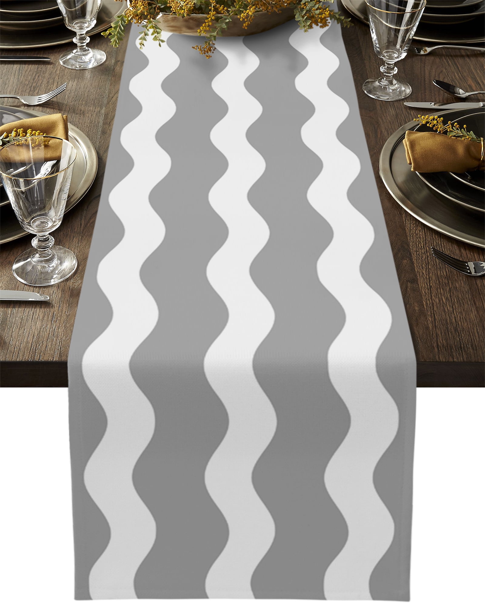 Table Runner Dresser Scarves 70 Inch Long, Grey White Abstract Sea Wave Linen Dining Table Runners Minimalist Geometry Stripe Art Tabletop Scarf for Wedding Holiday Party Kitchen