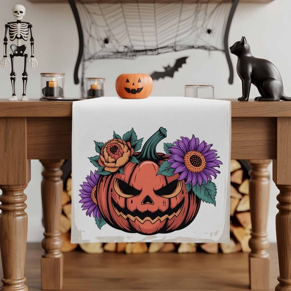 Table Runner Dresser Scarves 70 Inch Long,Halloween Funny Pumpkin Ghost Face Linen Dining Table Runners Orange Purple Flower Tabletop Scarf for Wedding Holiday Party Kitchen