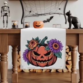 Table Runner Dresser Scarves 70 Inch Long,Halloween Funny Pumpkin Ghost Face Linen Dining Table Runners Orange Purple Flower Tabletop Scarf for Wedding Holiday Party Kitchen