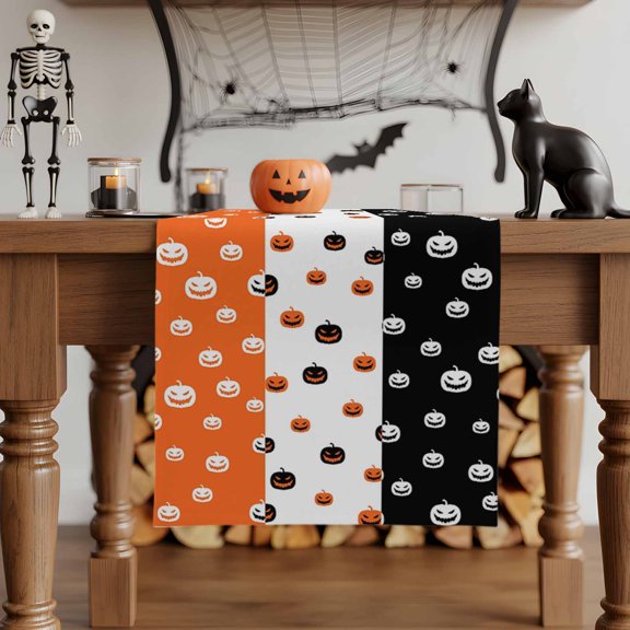 Table Runner Dresser Scarves 70 Inch Long,Halloween Funny Pumpkin Ghost Face Linen Dining Table Runners Orange White and Black Color Block Tabletop Scarf for Wedding Holiday Party Kitchen