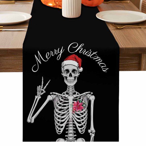 Table Runner Dresser Scarves 70 Inch Long,Halloween Skeleton Christmas Hat Linen Dining Table Runners