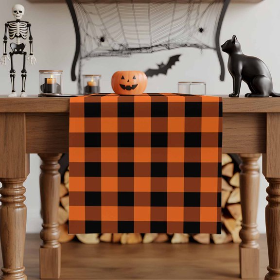 Table Runner Dresser Scarves 70 Inch Long,Halloween Theme Orange Black Plaid Linen Dining Table Runners Classic Buffalo Check Tabletop Scarf for Wedding Holiday Party Kitchen