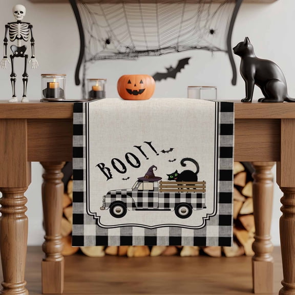 Table Runner Dresser Scarves 70 Inch Long,Happy Halloween Black Cat Retro Buffalo Check Linen Dining Table Runners Witch Hat Bat Boo Tabletop Scarf for Wedding Holiday Party Kitchen