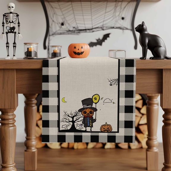 Table Runner Dresser Scarves 70 Inch Long,Happy Halloween Pumpkin Dwarf Dead Trees Linen Dining Table Runners Black Gingham Check Retro Linen Tabletop Scarf for Wedding Holiday Party Kitchen