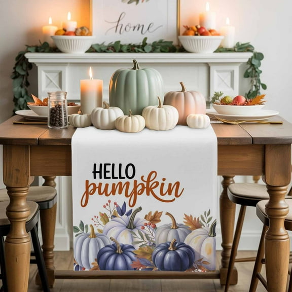 Table Runner Dresser Scarves 70 Inch Long,Hello Pumpkin Autumn Plant Berry Linen Dining Table Runners Fall Thanksgiving Maple Leaf Tabletop Scarf for Wedding Holiday Party Kitchen