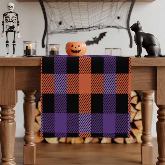 Table Runner Dresser Scarves 70 Inch Long,Horror Halloween Tartan Buffalo Check Linen Dining Table Runners Orange Purple Black Tabletop Scarf for Wedding Holiday Party Kitchen