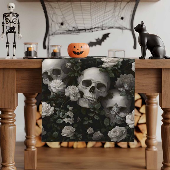 Table Runner Dresser Scarves 70 Inch Long,Horror Skull White Rose Flower Butterfly Linen Dining Table Runners Halloween Theme Tabletop Scarf for Wedding Holiday Party Kitchen