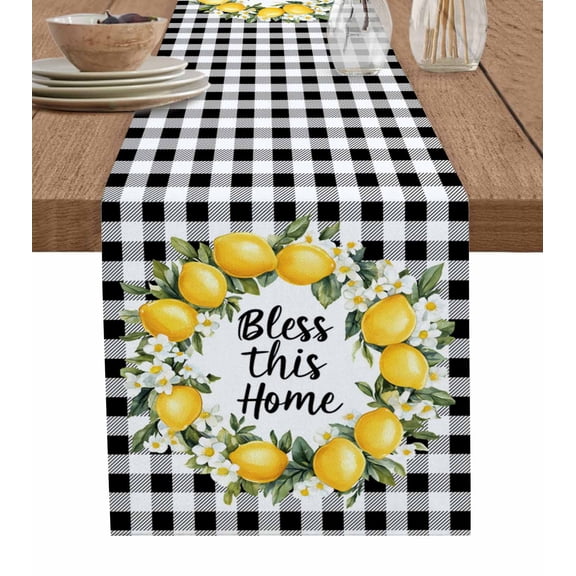 Table Runner Dresser Scarves 70 Inch Long,Lemon Fruit Floral Black White Buffalo Linen Dining Table Runners Farmhouse Rustic Theme Tabletop Scarf for Wedding Holiday Party Kitchen