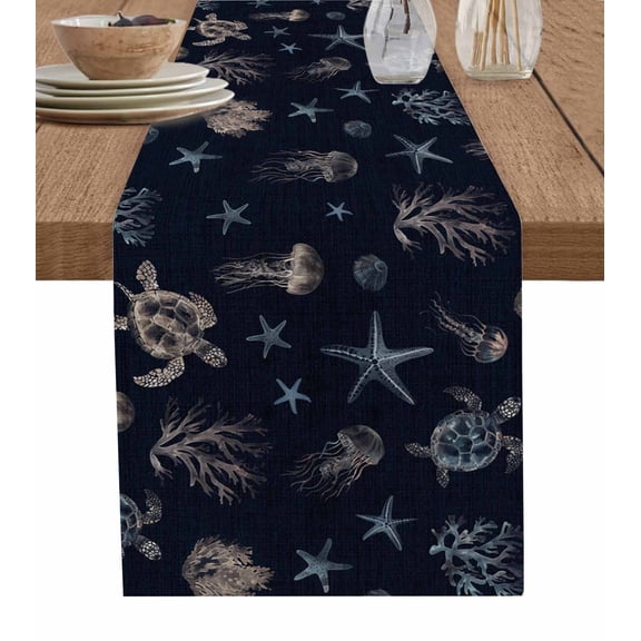 Table Runner Dresser Scarves 70 Inch Long,Marine Sea Turtle Starfish Coral Shell Linen Dining Table Runners Ocean Octopus on Navy Blue Tabletop Scarf for Wedding Holiday Party Kitchen