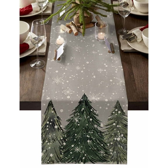 Table Runner Dresser Scarves 70 Inch Long, Merry Christmas Green Pine Tree Linen Dining Table Runners Winter White Snowflake on Grey Tabletop Scarf for Wedding Holiday Party Kitchen