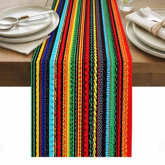 Table Runner Dresser Scarves 70 Inch Long,Mexican Stripe Colorful Linen Dining Table Runners