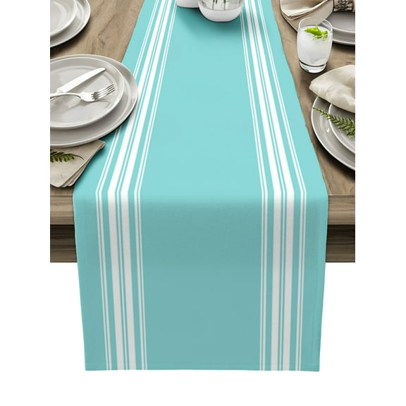 Table Runner Dresser Scarves 70 Inch Long, Minimalist Line Art Linen Dining Table Runners White Stripe on Light Teal Blue Tabletop Scarf for Wedding Holiday Party Kitchen