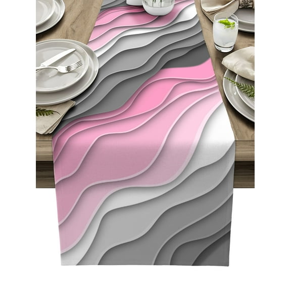 Table Runner Dresser Scarves 70 Inch Long, Pink and Grey Gradient Modern Geometric Linen Dining Table Runners Abstract Beach Tabletop Scarf for Wedding Holiday Party Kitchen