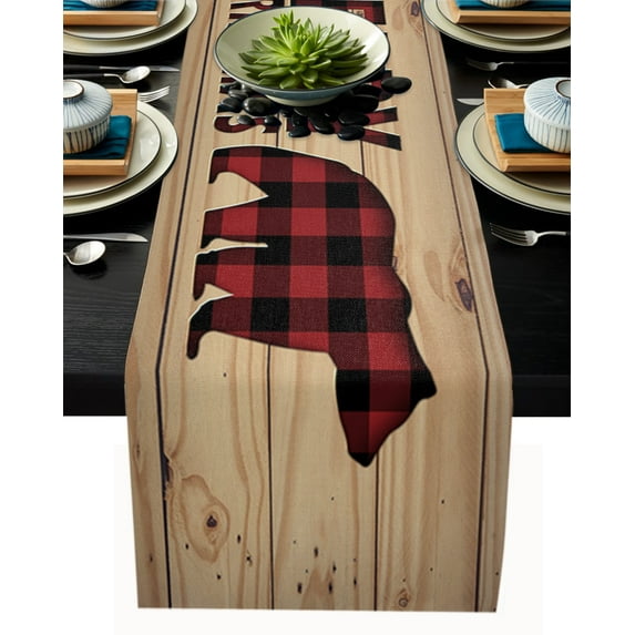 Table Runner Dresser Scarves 70 Inch Long, Red Buffalo Plaid Bear Animal Linen Dining Table Runners Vintage Wood Borad Tabletop Scarf for Wedding Holiday Party Kitchen