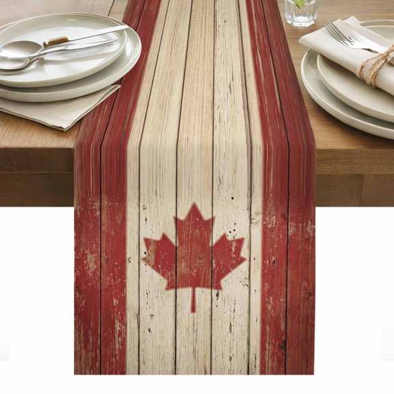 Table Runner Dresser Scarves 70 Inch Long,Retro Wooden Stripes Maple Leafs Linen Dining Table Runners