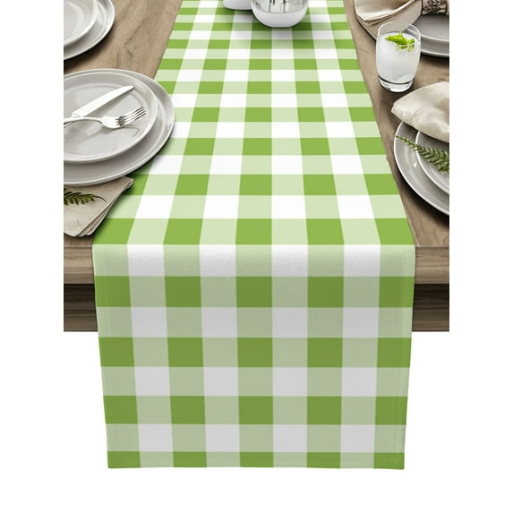Table Runner Dresser Scarves 70 Inch Long, Rustic Country Classic Buffalo Check Plaid Linen Dining Table Runners Green White Tabletop Scarf for Wedding Holiday Party Kitchen