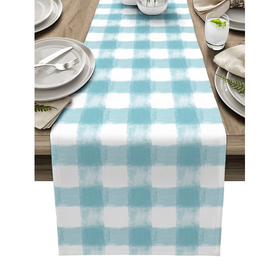 Table Runner Dresser Scarves 70 Inch Long, Rustic Farmhouse Watercolor Teal Buffalo Plaid Linen Dining Table Runners Rural Country Tabletop Scarf for Wedding Holiday Party Kitchen