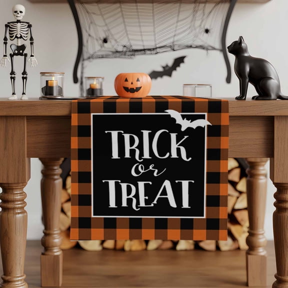 Table Runner Dresser Scarves 70 Inch Long,Scary Halloween Buffalo Check Linen Dining Table Runners Trick Or Treat Texts Tabletop Scarf for Wedding Holiday Party Kitchen
