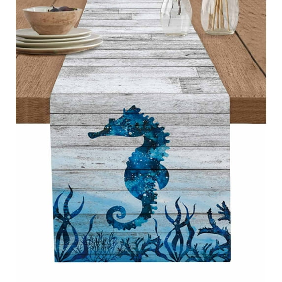 Table Runner Dresser Scarves 70 Inch Long, Sea Horse Ocean Animals Linen Dining Table Runners Vintage Wooden Board Tabletop Scarf for Wedding Holiday Party Kitchen