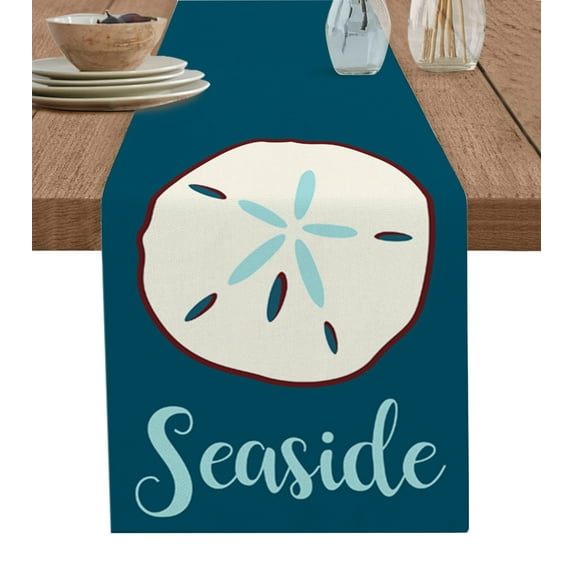 Table Runner Dresser Scarves 70 Inch Long, Seaside Coastal Beach Conch Linen Dining Table Runners Sea Shell on Blue Tabletop Scarf for Wedding Holiday Party Kitchen