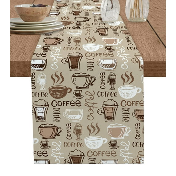 Table Runner Dresser Scarves 70 Inch Long, Steaming Aromatic Coffee Drinks Linen Dining Table Runners Cocoa Bean and Quote on Khaki Tabletop Scarf for Wedding Holiday Party Kitchen