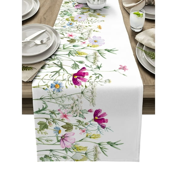 Table Runner Dresser Scarves 70 Inch Long, Summer Nature Flower Plant Linen Dining Table Runners Watercolor Green Leaf Blooming Floral Tabletop Scarf for Wedding Holiday Party Kitchen