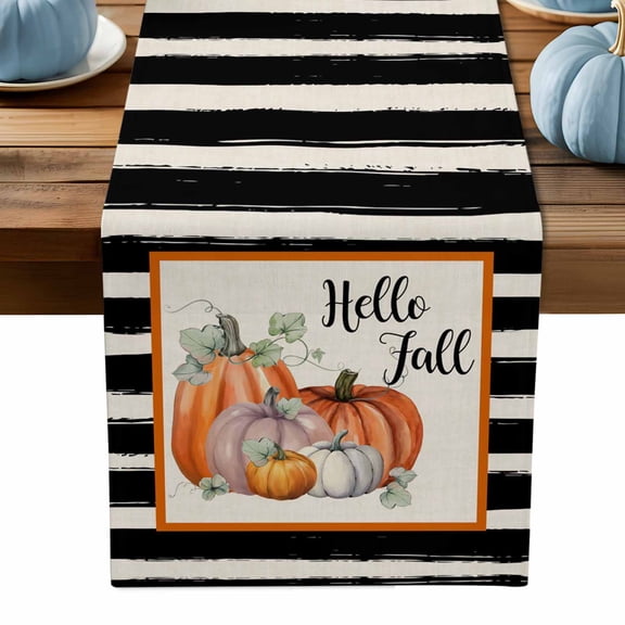 Table Runner Dresser Scarves 70 Inch Long,Thanksgiving Fall Pumpkin Black Stripes Linen Dining Table Runners Autumn Farm Harvest Tabletop Scarf for Wedding Holiday Party Kitchen