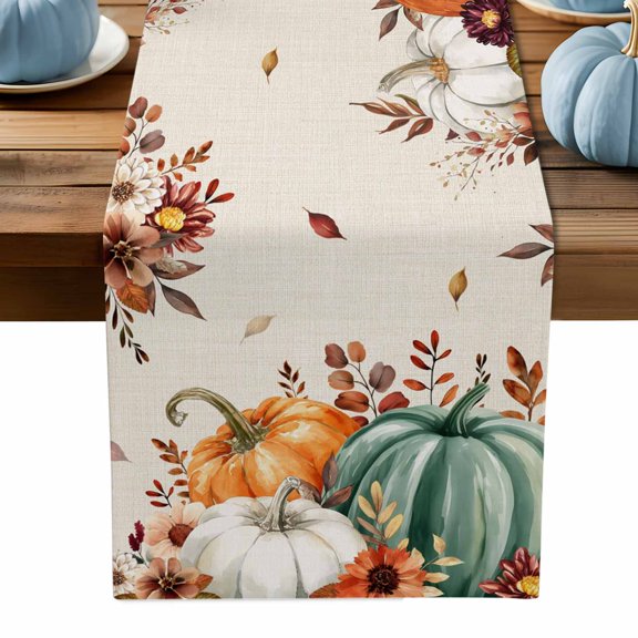 Table Runner Dresser Scarves 70 Inch Long,Thanksgiving Pumpkin Fall Harvest Linen Dining Table Runners Autumn Foliage Wild Flower Tabletop Scarf for Wedding Holiday Party Kitchen