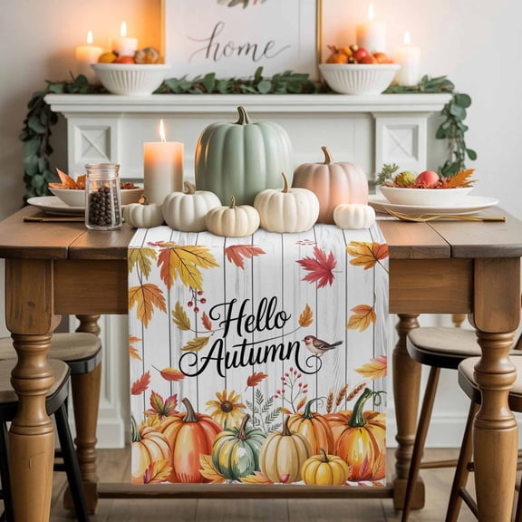 Table Runner Dresser Scarves 70 Inch Long,Thanksgiving Pumpkin Fall Leaves Linen Dining Table Runners Maple Leaf on White Wood Tabletop Scarf for Wedding Holiday Party Kitchen