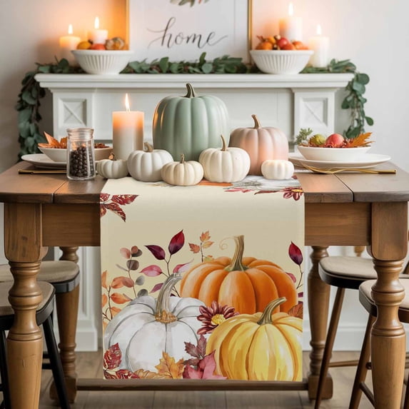 Table Runner Dresser Scarves 70 Inch Long,Thanksgiving Pumpkin Fall Maple Leaf Linen Dining Table Runners Watercolor Autumn Plant Tabletop Scarf for Wedding Holiday Party Kitchen